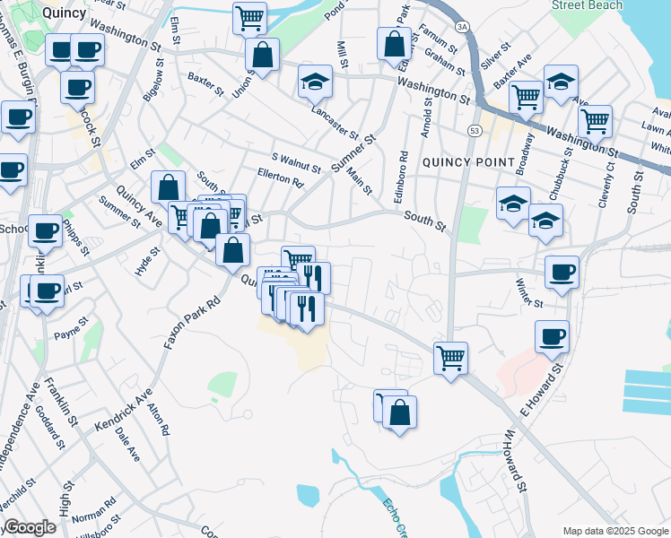 map of restaurants, bars, coffee shops, grocery stores, and more near 121 Martensen Street in Quincy
