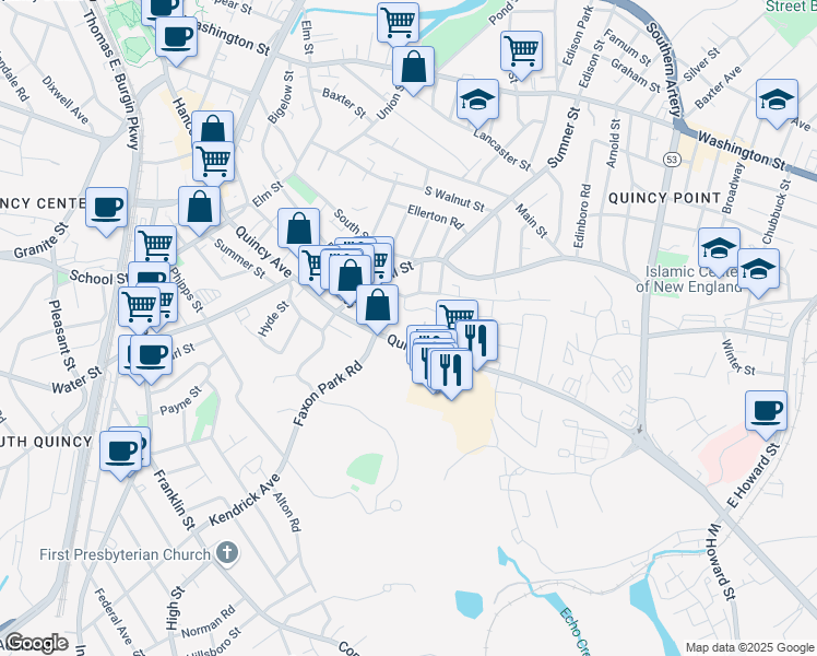 map of restaurants, bars, coffee shops, grocery stores, and more near 25 Martensen Street in Quincy