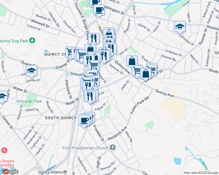 map of restaurants, bars, coffee shops, grocery stores, and more near 52 Phipps Street in Quincy