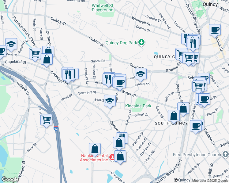 map of restaurants, bars, coffee shops, grocery stores, and more near 10 Arthur Street in Quincy