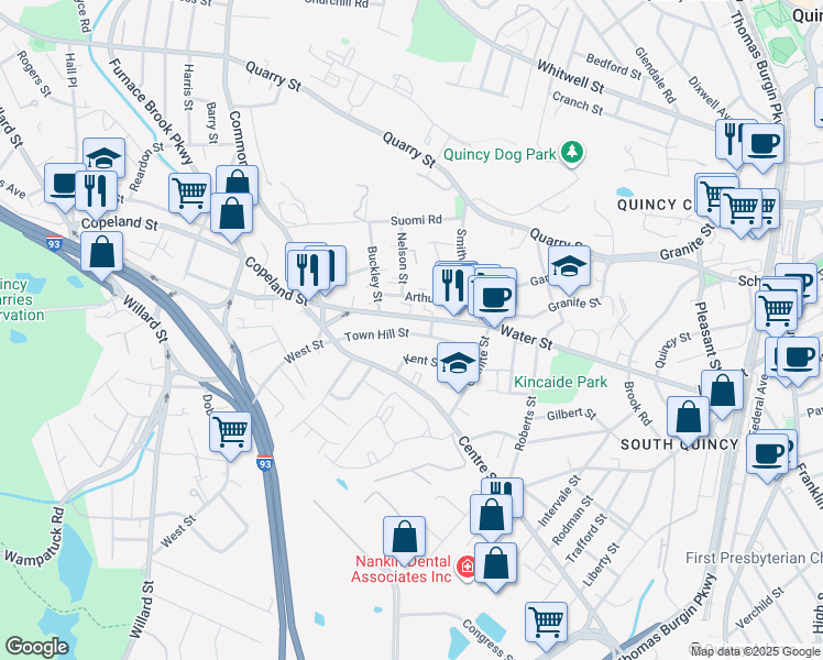 map of restaurants, bars, coffee shops, grocery stores, and more near 74 Arthur Street in Quincy