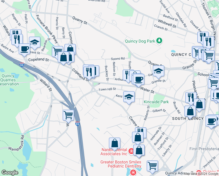 map of restaurants, bars, coffee shops, grocery stores, and more near 74 Arthur Street in Quincy