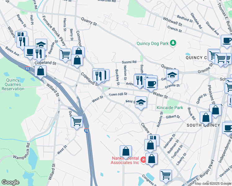 map of restaurants, bars, coffee shops, grocery stores, and more near 111-113 Copeland Street in Quincy