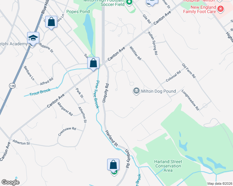 map of restaurants, bars, coffee shops, grocery stores, and more near 13 Preacher Road in Milton