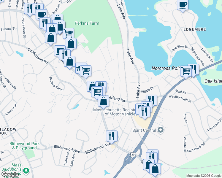 map of restaurants, bars, coffee shops, grocery stores, and more near 13 Pocasset Street in Worcester