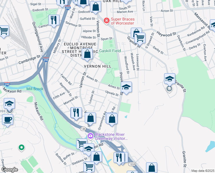 map of restaurants, bars, coffee shops, grocery stores, and more near 43 Ames Street in Worcester