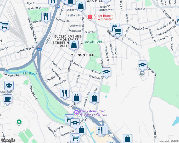 map of restaurants, bars, coffee shops, grocery stores, and more near 43 Ames Street in Worcester