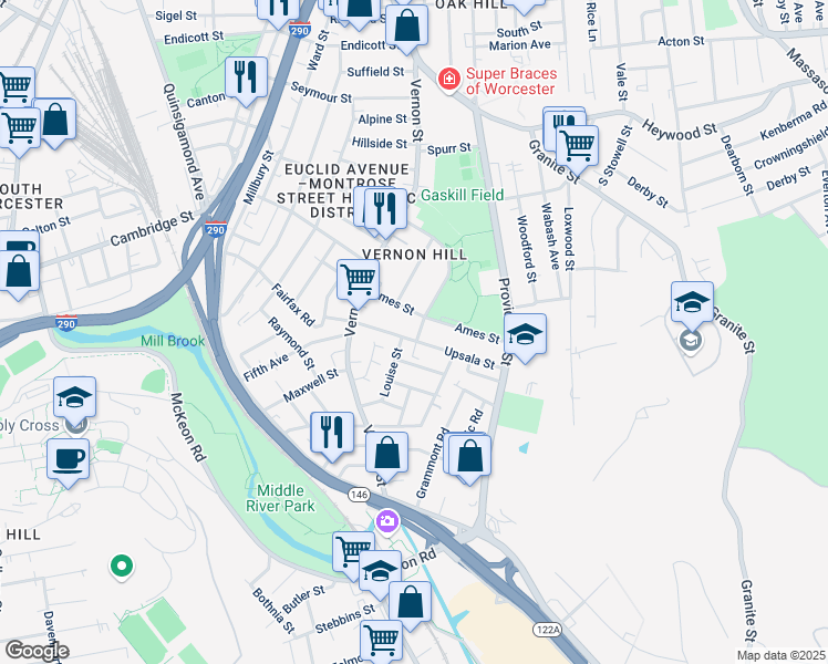 map of restaurants, bars, coffee shops, grocery stores, and more near 25 Ames Street in Worcester