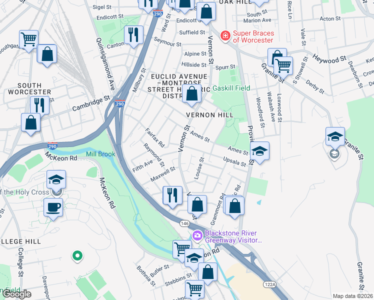 map of restaurants, bars, coffee shops, grocery stores, and more near 176 Vernon Street in Worcester