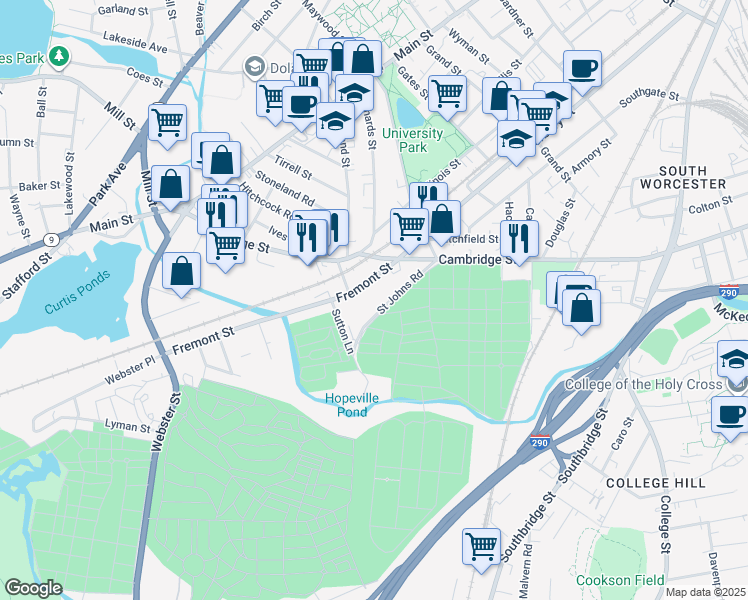 map of restaurants, bars, coffee shops, grocery stores, and more near 178 Fremont Street in Worcester