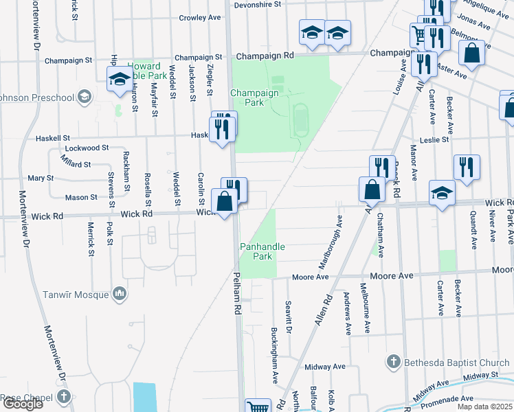 map of restaurants, bars, coffee shops, grocery stores, and more near 19249 Herrick Street in Allen Park