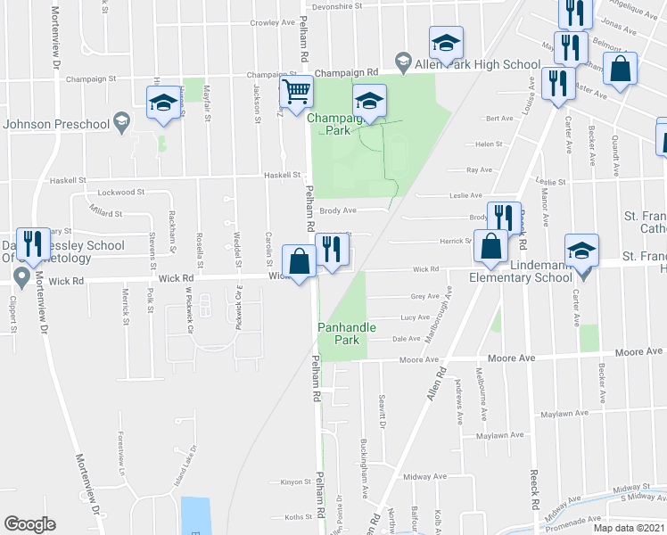 map of restaurants, bars, coffee shops, grocery stores, and more near 19249 Herrick Street in Allen Park
