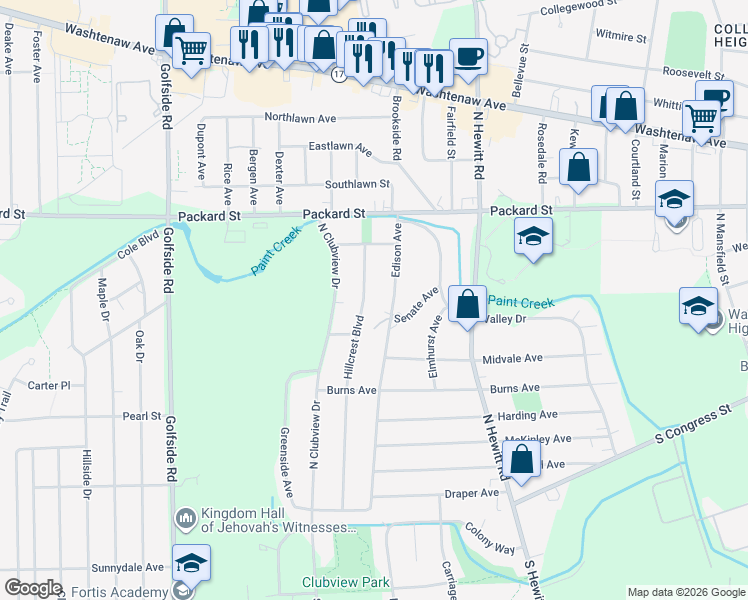 map of restaurants, bars, coffee shops, grocery stores, and more near 344 Hillcrest Boulevard in Ypsilanti