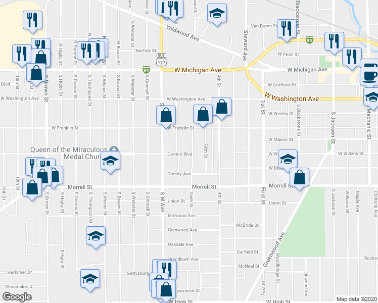 map of restaurants, bars, coffee shops, grocery stores, and more near 519 Seventh Street in Jackson