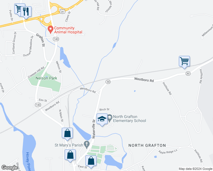 map of restaurants, bars, coffee shops, grocery stores, and more near 72 Westboro Road in Grafton