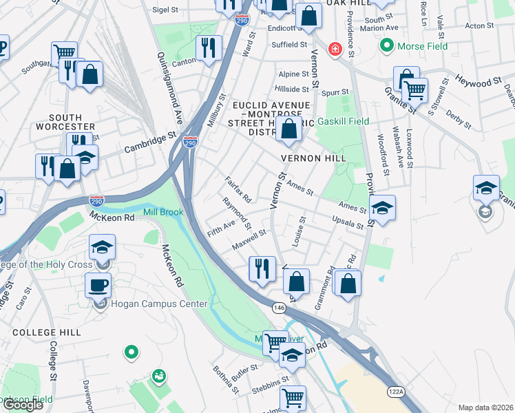 map of restaurants, bars, coffee shops, grocery stores, and more near 63 Fifth Avenue in Worcester