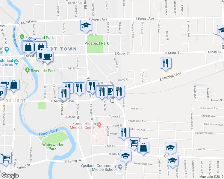 map of restaurants, bars, coffee shops, grocery stores, and more near 630 Martin Place in Ypsilanti