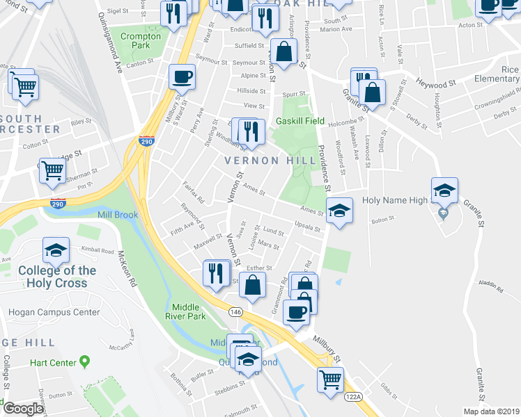 map of restaurants, bars, coffee shops, grocery stores, and more near 27 Upsala Street in Worcester