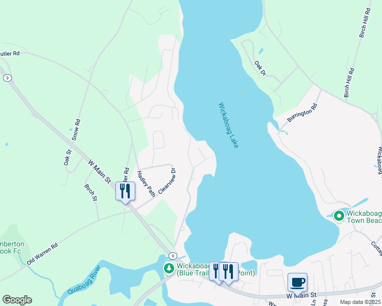 map of restaurants, bars, coffee shops, grocery stores, and more near 11 Hillside Drive in West Brookfield