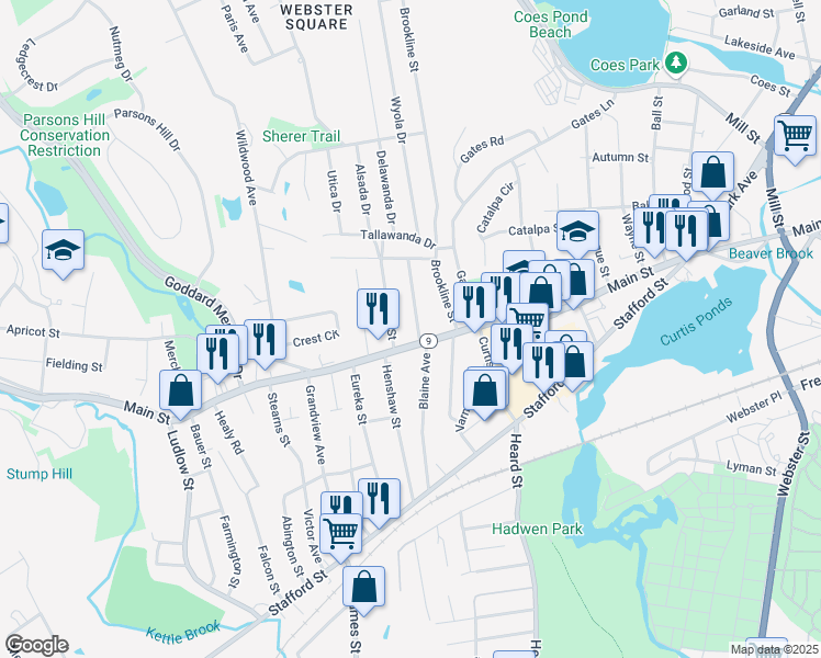 map of restaurants, bars, coffee shops, grocery stores, and more near 12 Henderson Avenue in Worcester