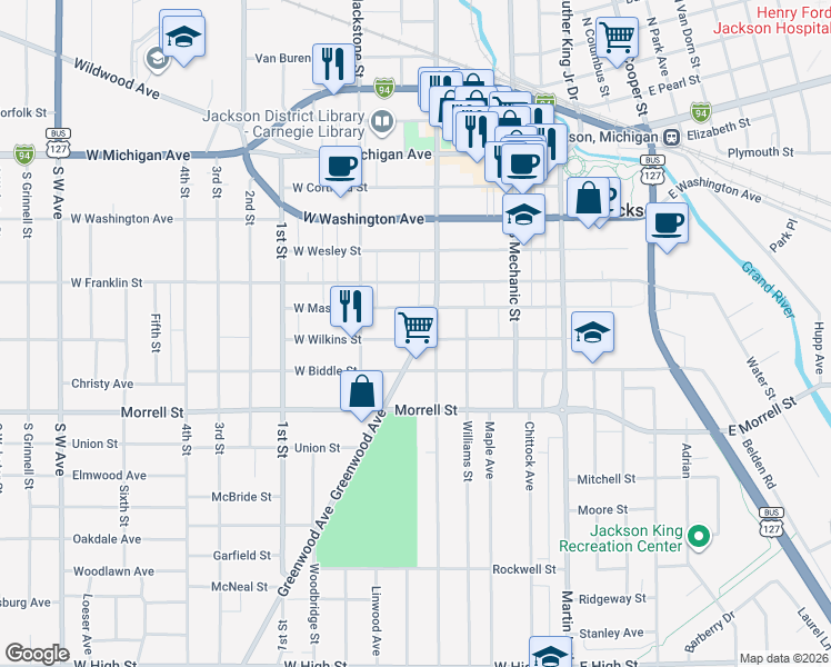 map of restaurants, bars, coffee shops, grocery stores, and more near 600 Greenwood Place in Jackson
