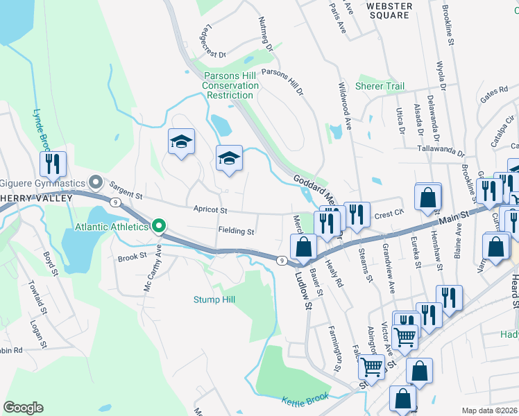 map of restaurants, bars, coffee shops, grocery stores, and more near 108 Apricot Street in Worcester