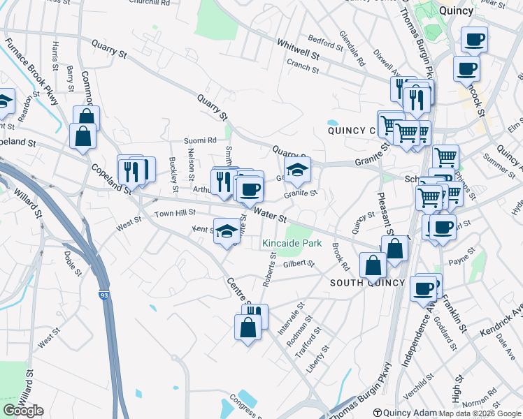 map of restaurants, bars, coffee shops, grocery stores, and more near 357 Granite Street in Quincy