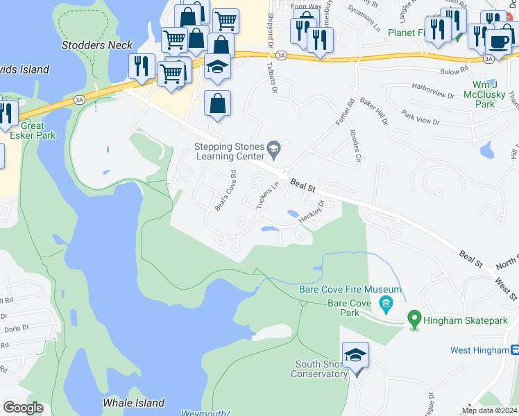 map of restaurants, bars, coffee shops, grocery stores, and more near 2605 Tuckers Lane in Hingham