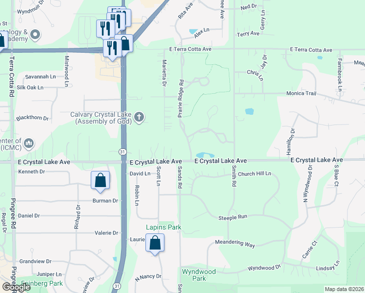 map of restaurants, bars, coffee shops, grocery stores, and more near 4223 White Ash Road in Crystal Lake