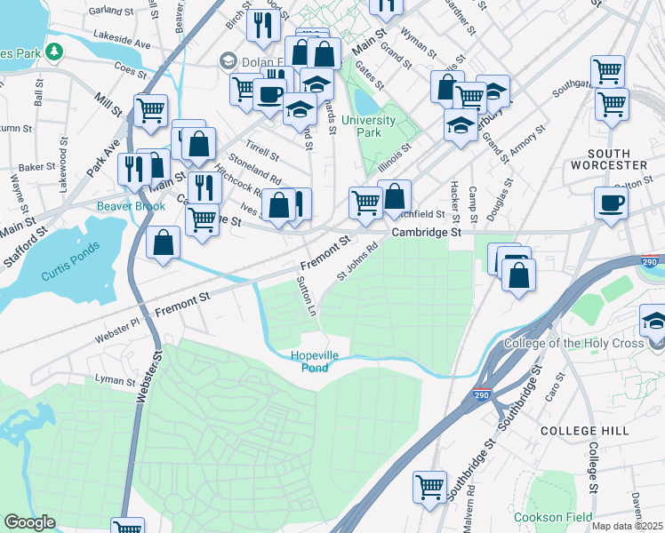 map of restaurants, bars, coffee shops, grocery stores, and more near 178 Fremont Street in Worcester
