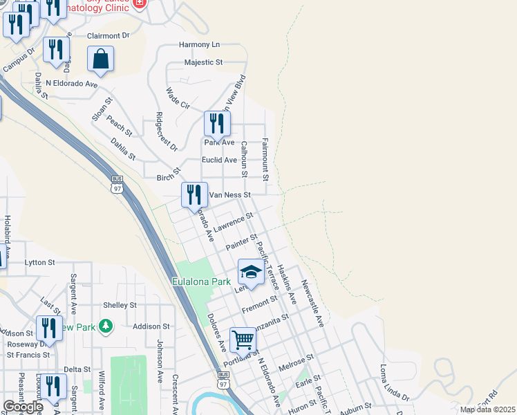 map of restaurants, bars, coffee shops, grocery stores, and more near 2025 Lawrence Street in Klamath Falls