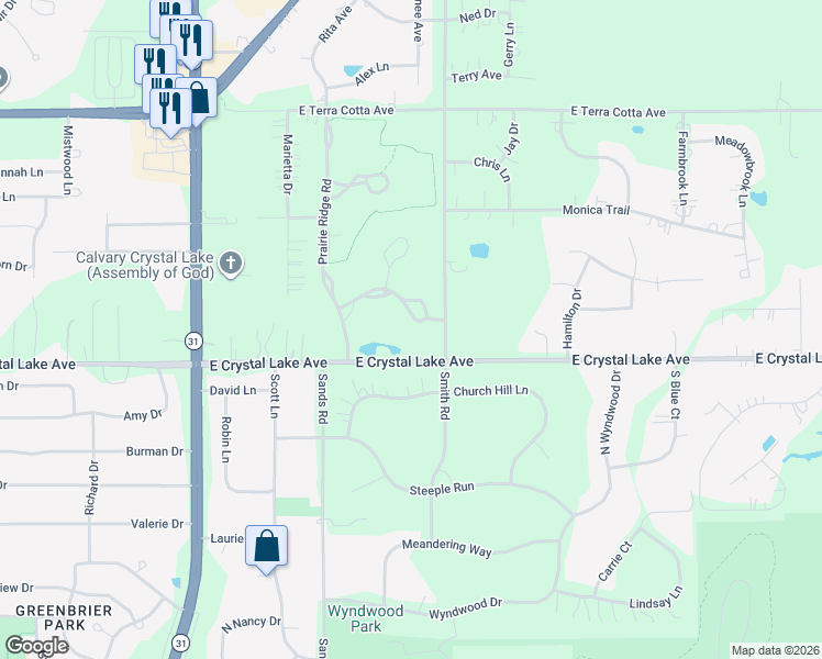 map of restaurants, bars, coffee shops, grocery stores, and more near 4127 White Ash Road in Crystal Lake