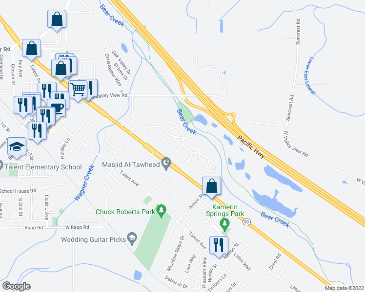 map of restaurants, bars, coffee shops, grocery stores, and more near 333 Mountain View Drive in Talent