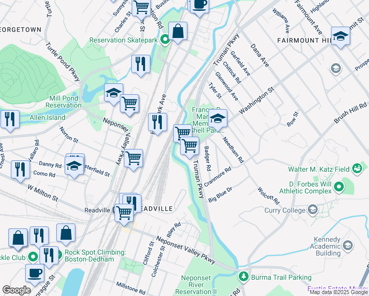 map of restaurants, bars, coffee shops, grocery stores, and more near 1025 Truman Parkway in Boston