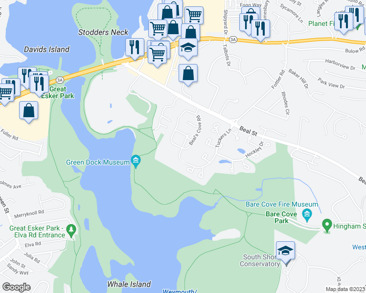 map of restaurants, bars, coffee shops, grocery stores, and more near 4 Beal's Cove Road in Hingham