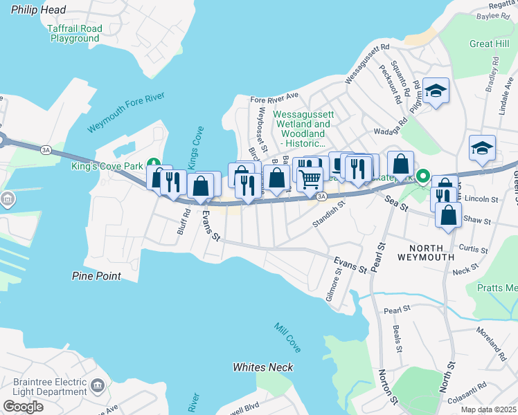 map of restaurants, bars, coffee shops, grocery stores, and more near 230 Bridge Street in Weymouth