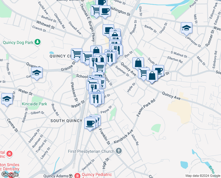 map of restaurants, bars, coffee shops, grocery stores, and more near 52 Phipps Street in Quincy