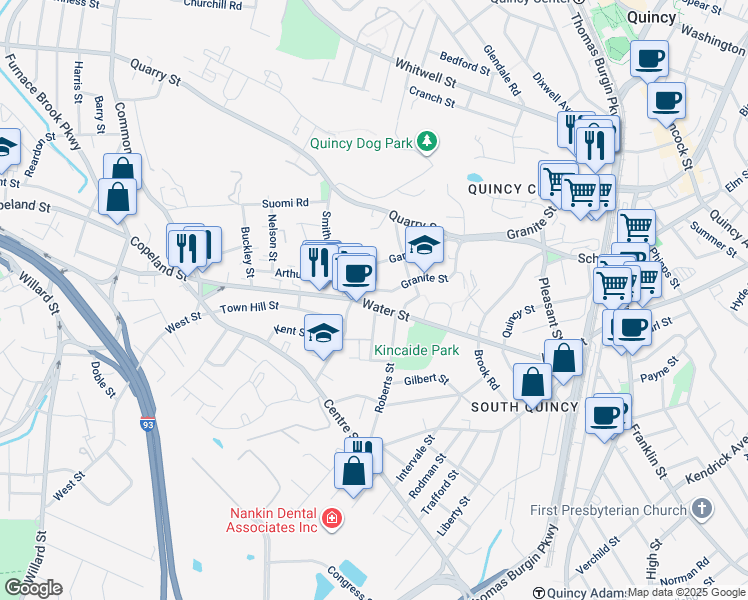 map of restaurants, bars, coffee shops, grocery stores, and more near 357 Granite Street in Quincy