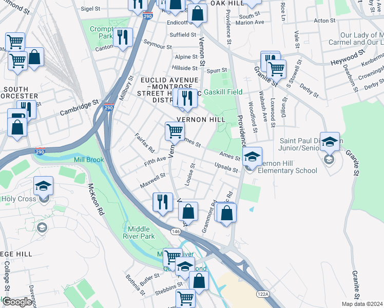 map of restaurants, bars, coffee shops, grocery stores, and more near 10 Ames Street in Worcester