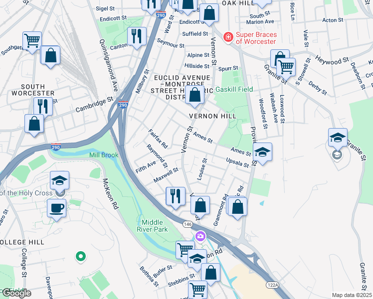map of restaurants, bars, coffee shops, grocery stores, and more near 176 Vernon Street in Worcester