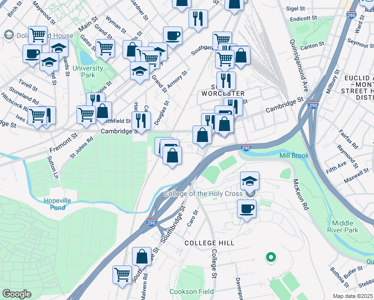 map of restaurants, bars, coffee shops, grocery stores, and more near 12 Cheever Street in Worcester