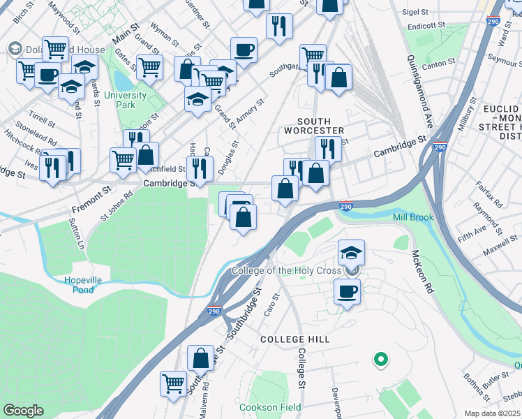 map of restaurants, bars, coffee shops, grocery stores, and more near 12 Cheever Street in Worcester