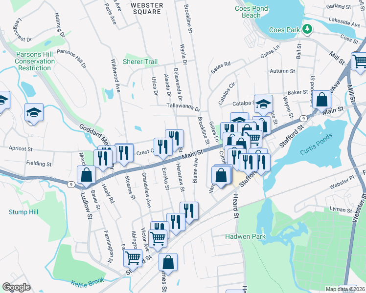 map of restaurants, bars, coffee shops, grocery stores, and more near 27 Sylvan Street in Worcester