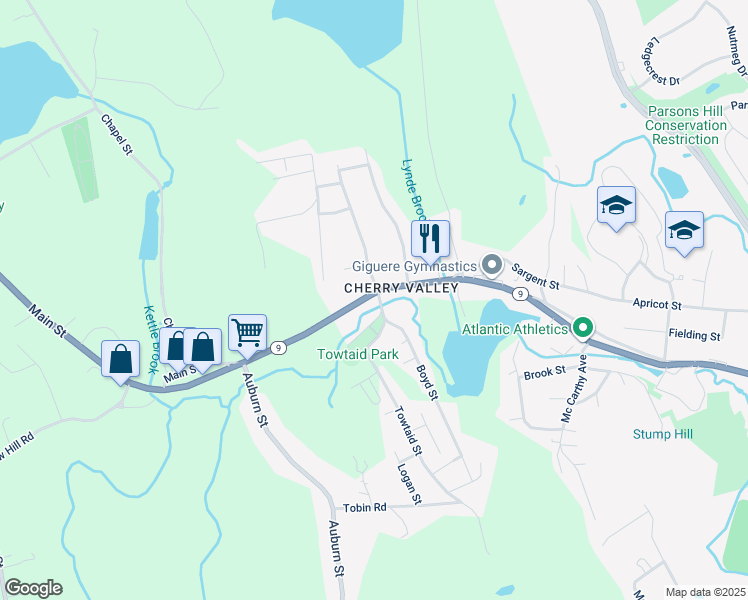 map of restaurants, bars, coffee shops, grocery stores, and more near 238 Main Street in Leicester
