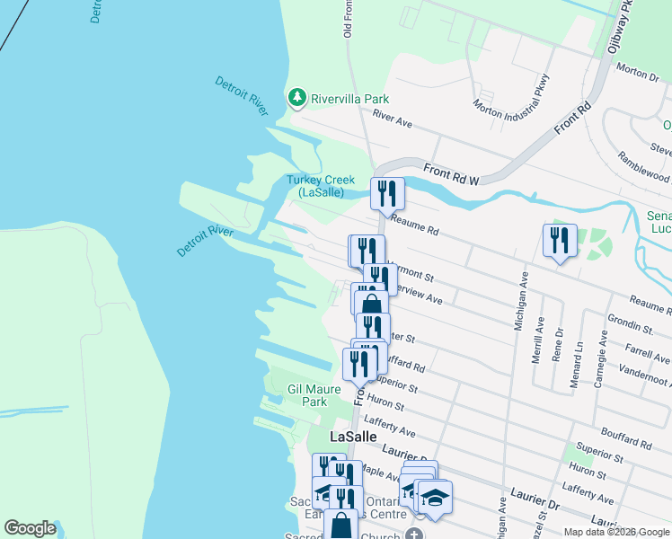 map of restaurants, bars, coffee shops, grocery stores, and more near in Windsor
