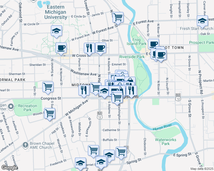 map of restaurants, bars, coffee shops, grocery stores, and more near 115 North Adams Street in Ypsilanti