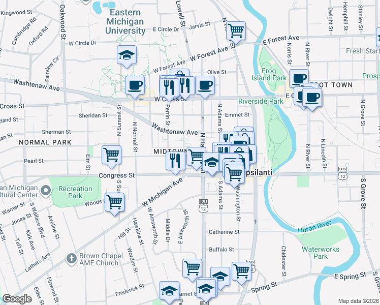 map of restaurants, bars, coffee shops, grocery stores, and more near 118 Ballard Street in Ypsilanti