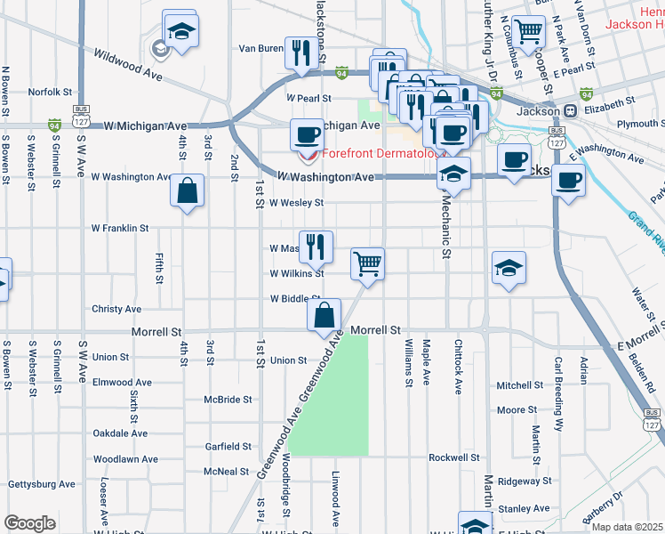 map of restaurants, bars, coffee shops, grocery stores, and more near 229 West Mason Street in Jackson