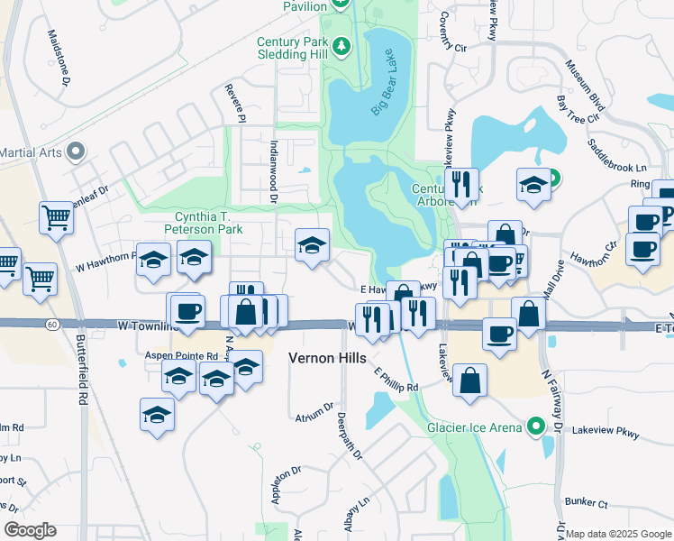 map of restaurants, bars, coffee shops, grocery stores, and more near 10 East Hawthorn Parkway in Vernon Hills