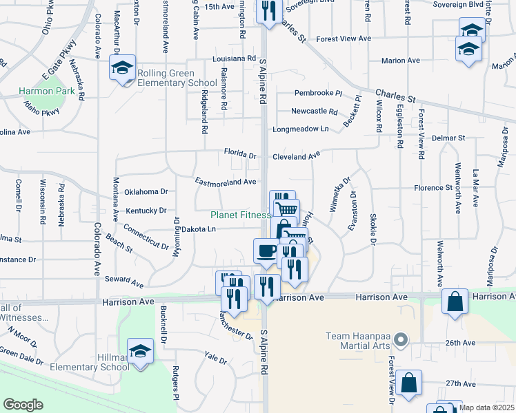 map of restaurants, bars, coffee shops, grocery stores, and more near 2305 South Alpine Road in Rockford